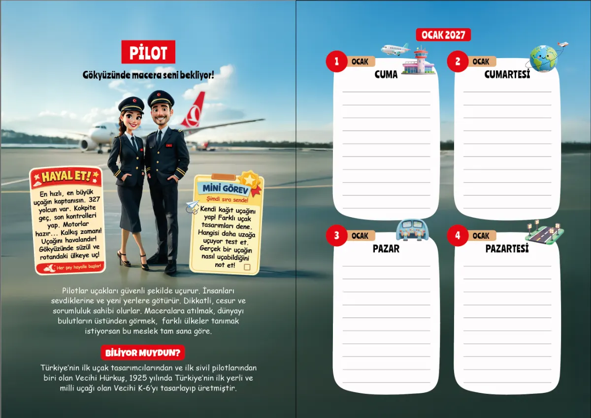 Pilot basılı ajanda çift sayfa yayılımı